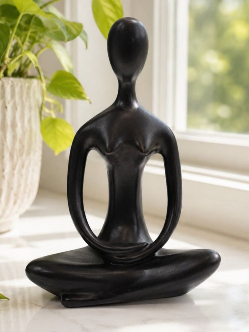 Abstract Black Meditation Figurine Sculpture Solid Ceramic 8.5” Tall Yoga-Inspir